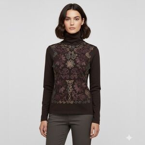 Vintage Womens Embroidered Floral Top Blouse Turtleneck Cottage Core Long Sleeve